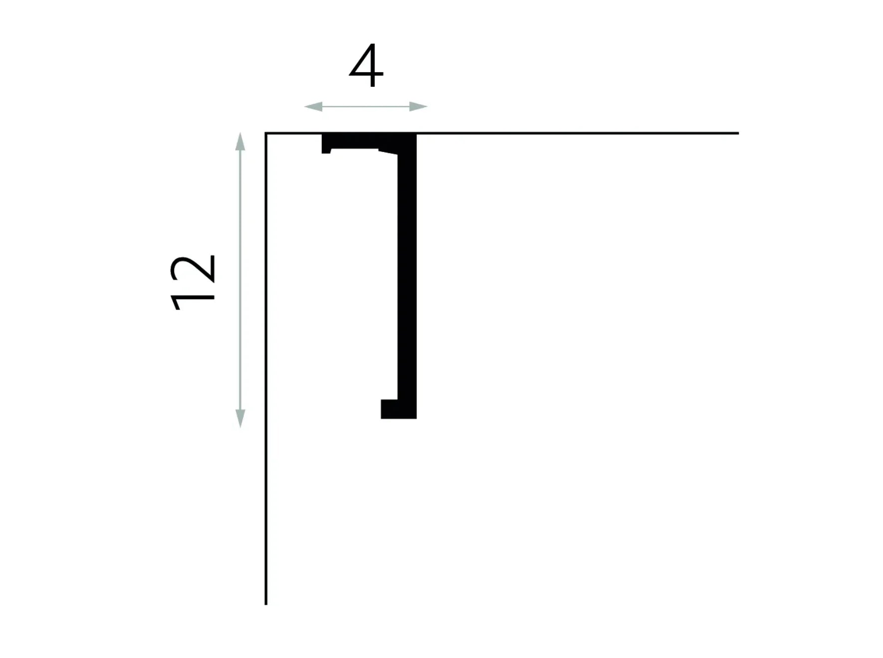 Schéma technique de la corniche cache-rideau QL035T indiquant des dimensions de 200 x 12 x 4 cm