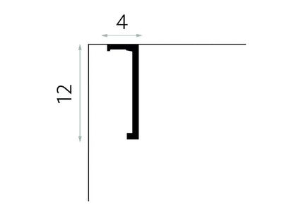 Schéma technique de la corniche cache-rideau QL035T indiquant des dimensions de 200 x 12 x 4 cm