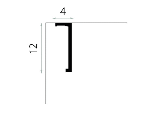 Schéma technique de la corniche cache-rideau QL035T indiquant des dimensions de 200 x 12 x 4 cm