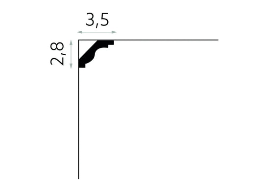 Schéma technique de la corniche de plafond flexible MDB135F 200 x 2,8 x 3,5 cm, profil décoratif souple idéal pour plafonds arrondis et murs cintrés.