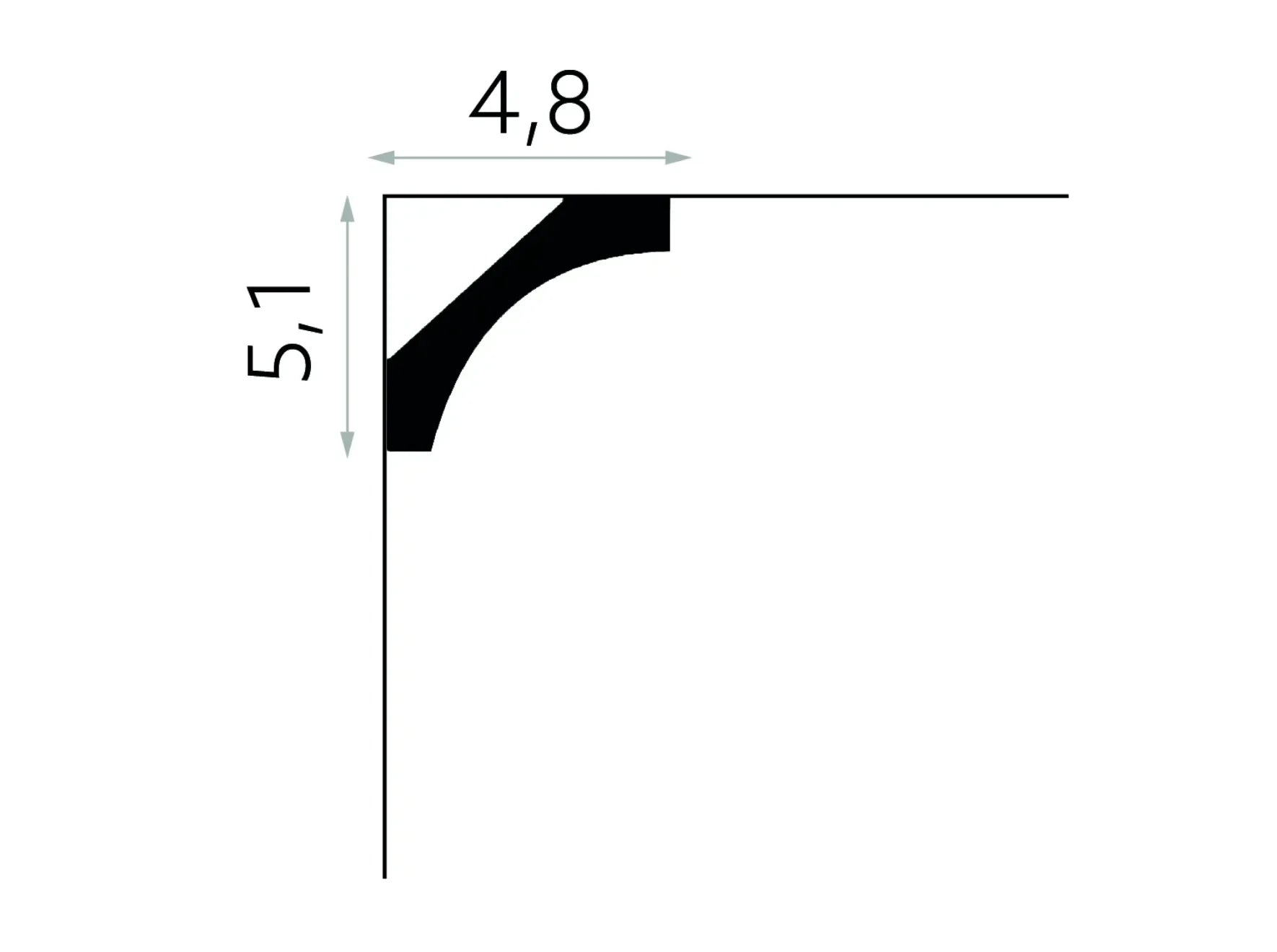 Schéma technique de la corniche de plafond flexible MDB210F 200 x 5,1 x 4,8 cm, profil arrondi en polymère souple pour plafonds et murs cintrés.