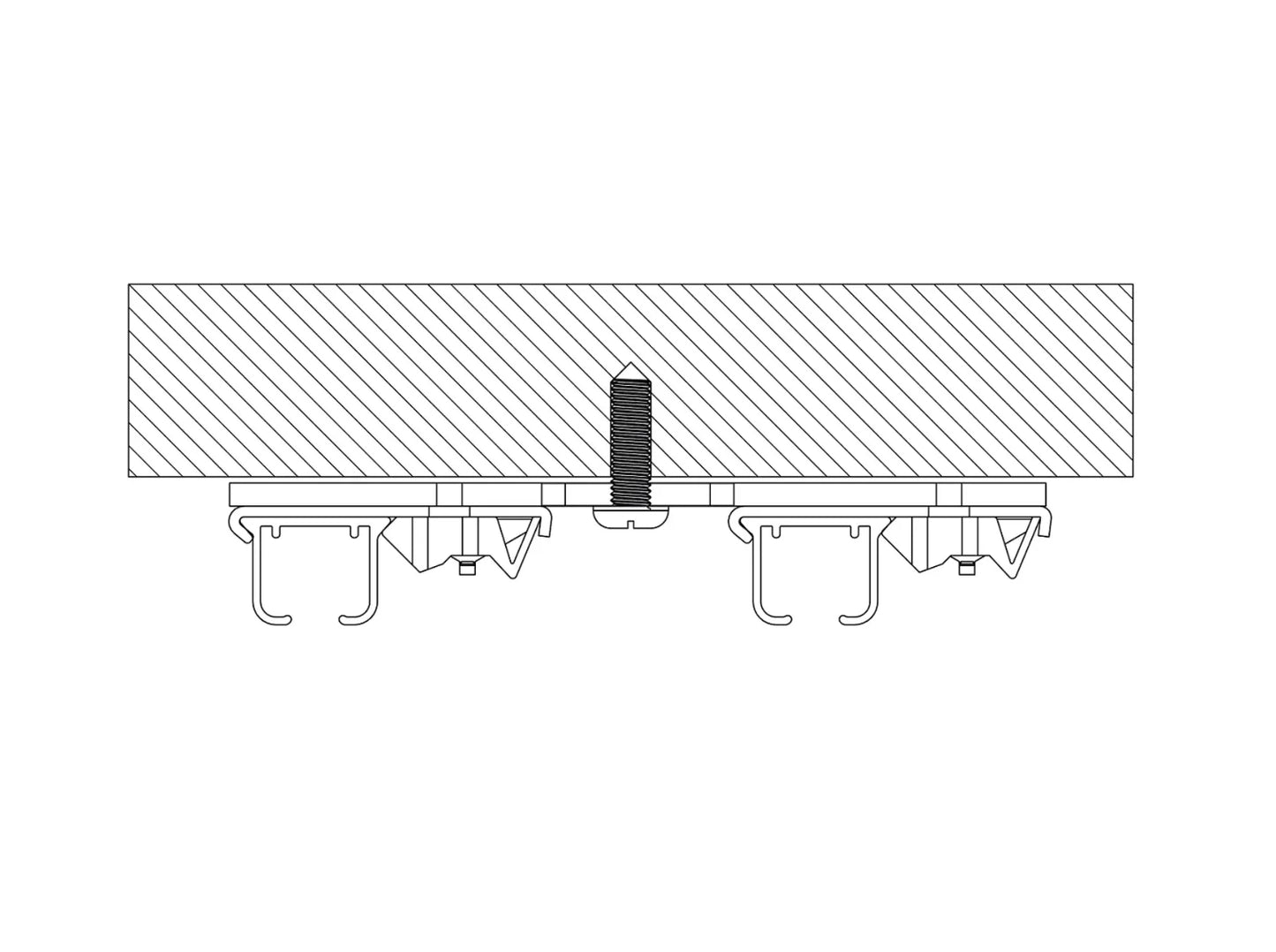 Schéma technique du double rail à rideaux D200 montrant le profil et le montage au plafond.