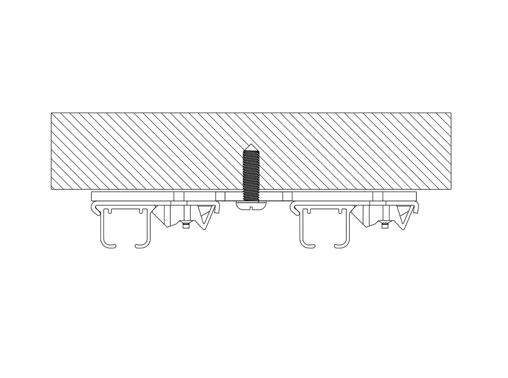 Schéma technique du double rail à rideaux D200 montrant le profil et le montage au plafond.