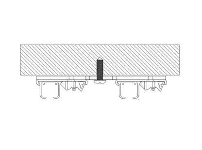 Schéma technique du double rail à rideaux D200 montrant le profil et le montage au plafond.