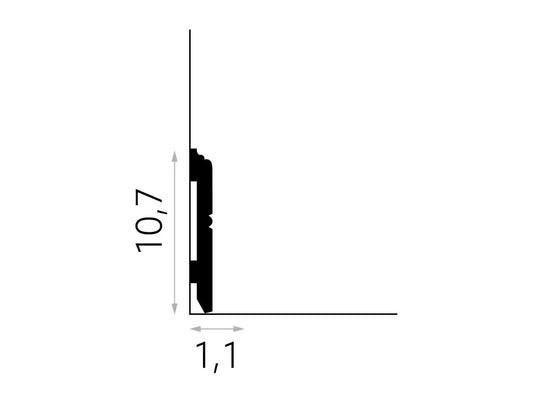 Schéma technique de la plinthe décorative MD354 avec hauteur 10,7 cm et épaisseur 1,1 cm – moulure murale élégante