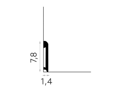 Schéma technique de la plinthe flexible MD234F 200 x 7,8 x 1,4 cm, profil en polymère pour murs droits ou courbés