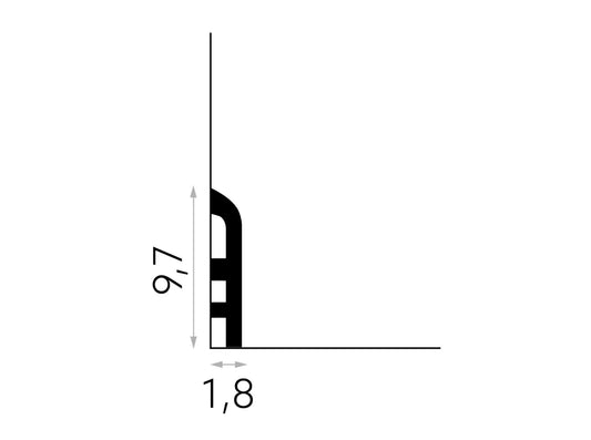 Schéma technique de la plinthe flexible MD355F 200 x 9,7 x 1,8 cm en polymère souple pour murs droits et courbés.
