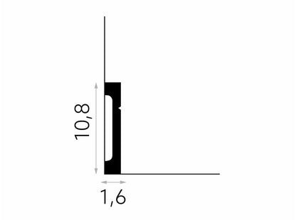 Schéma technique de la plinthe flexible MD356F 200 x 10,8 x 1,6 cm en polymère souple, adaptée aux murs courbés et irréguliers.