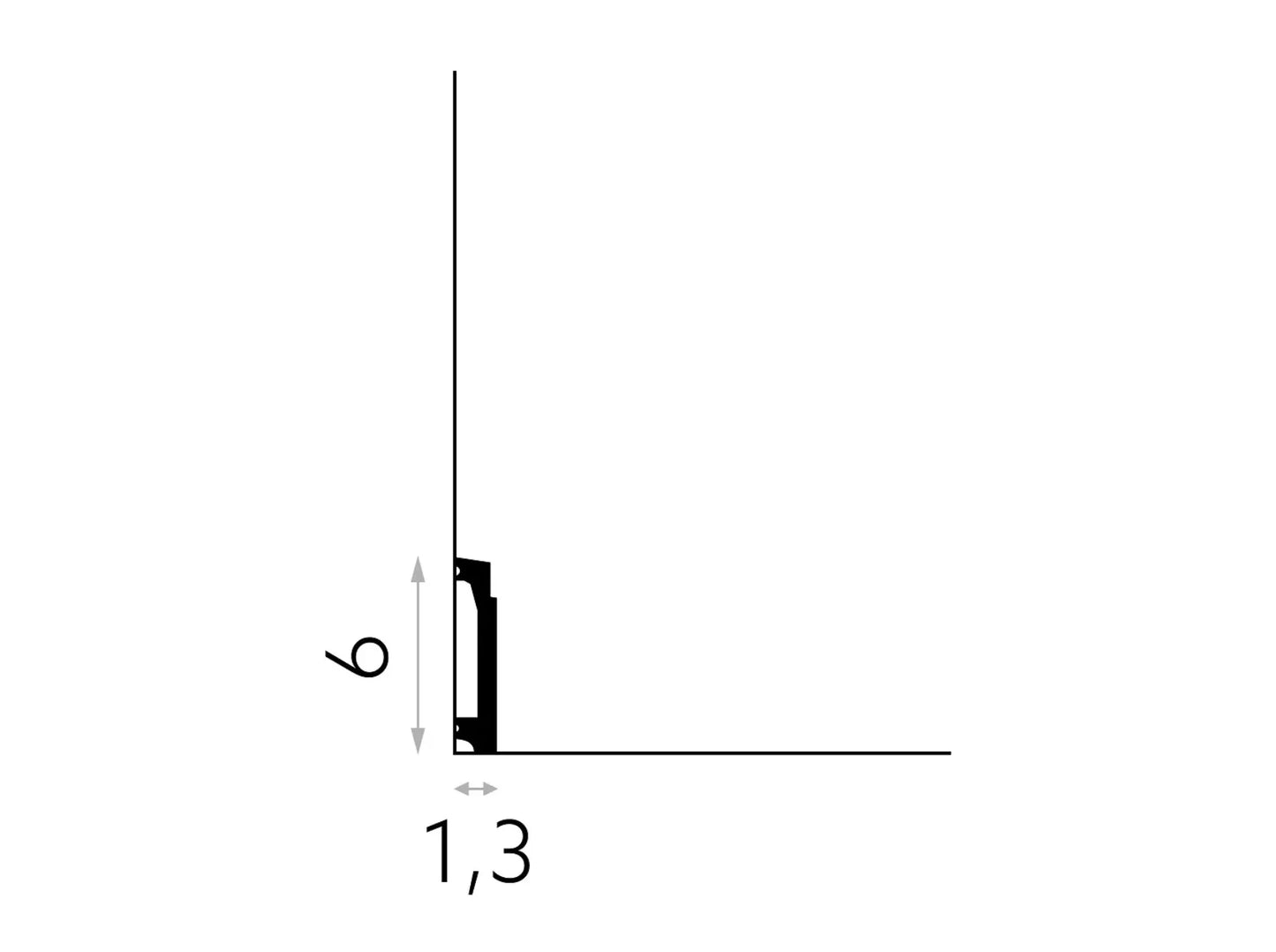 Schéma technique de la plinthe décorative MD027 – dimensions 200 cm de long, 6 cm de haut, 1,3 cm d’épaisseur