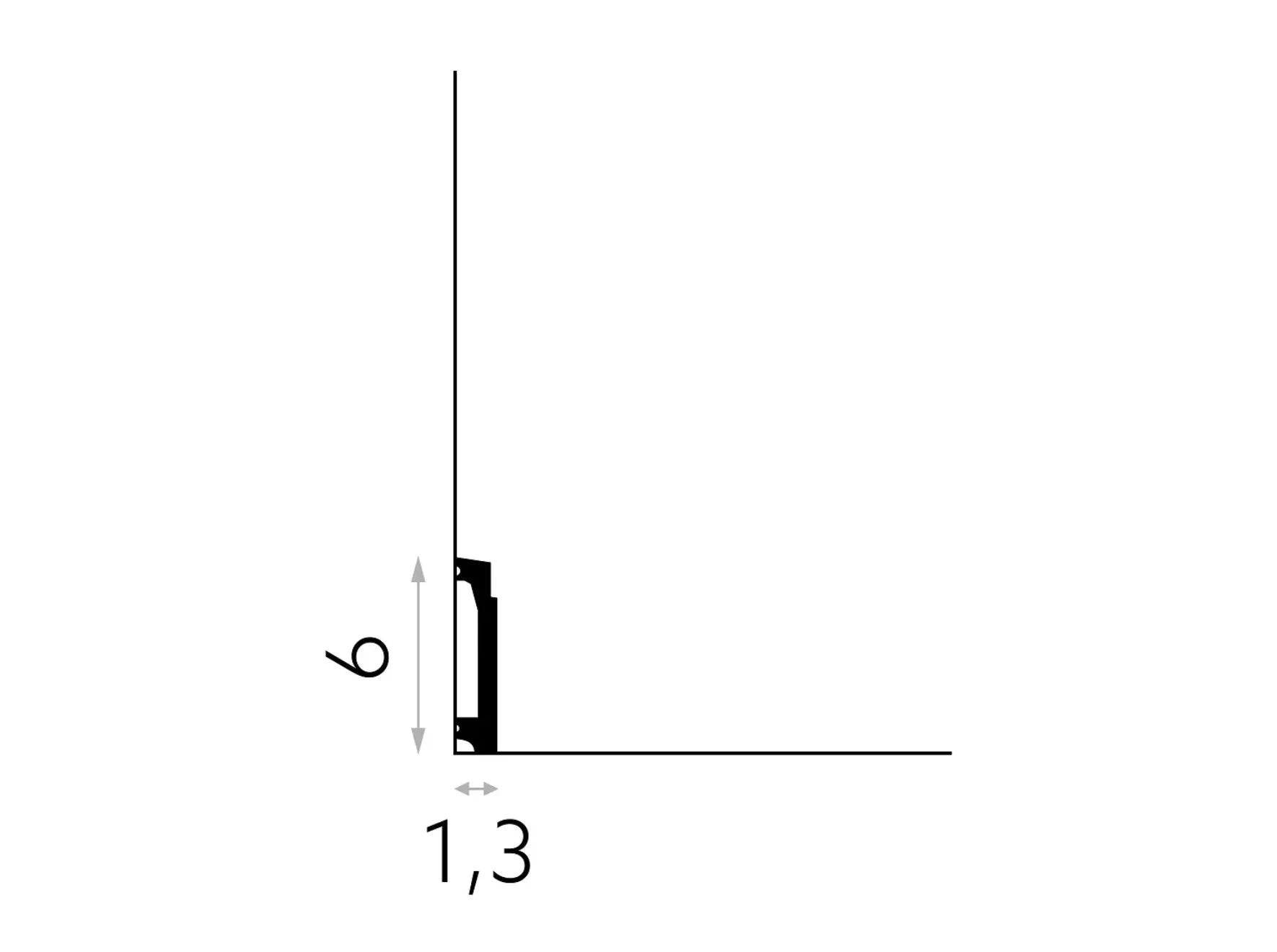 Schéma technique de la plinthe décorative MD027 – dimensions 200 cm de long, 6 cm de haut, 1,3 cm d’épaisseur