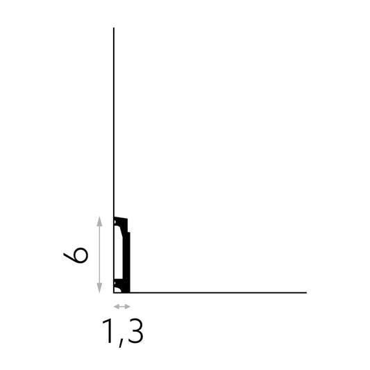 Schéma technique de la plinthe décorative MD027 – dimensions 200 cm de long, 6 cm de haut, 1,3 cm d’épaisseur