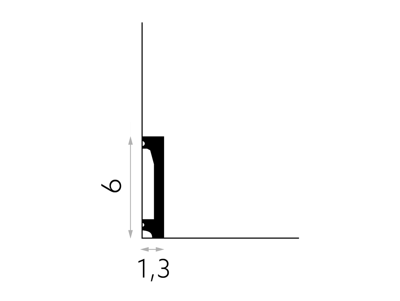 Schéma technique de la plinthe décorative MD032 - hauteur 6 cm, épaisseur 1,3 cm, longueur 200 cm