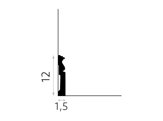 Schéma technique de la plinthe MD095 avec dimensions 200 x 12 x 1,5 cm