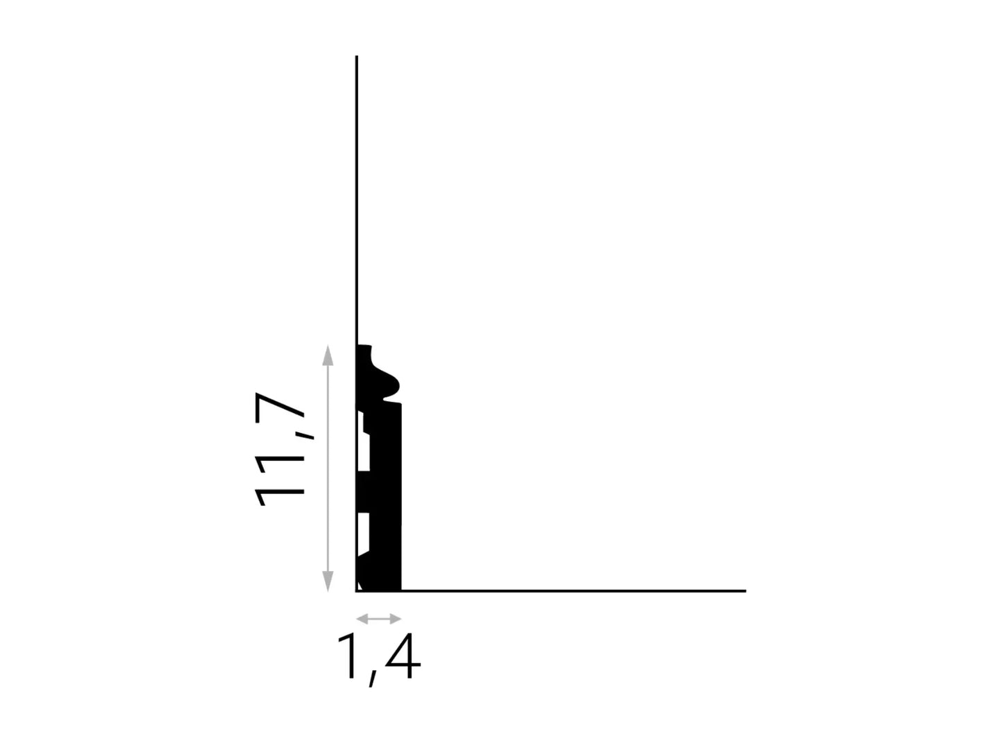 Schéma technique de la plinthe décorative MD358 – hauteur 11,7 cm, épaisseur 1,4 cm, moulure intérieure design