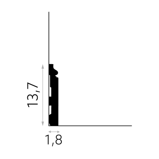 Schéma technique de la plinthe décorative MD360 – hauteur 13,7 cm, épaisseur 1,8 cm, profil mouluré classique