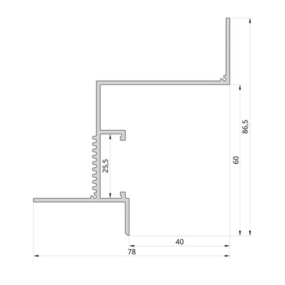 Schéma technique du profilé LED aluminium 40 mm avec dimensions précises pour intégration au plafond. Vue détaillée pour installation
