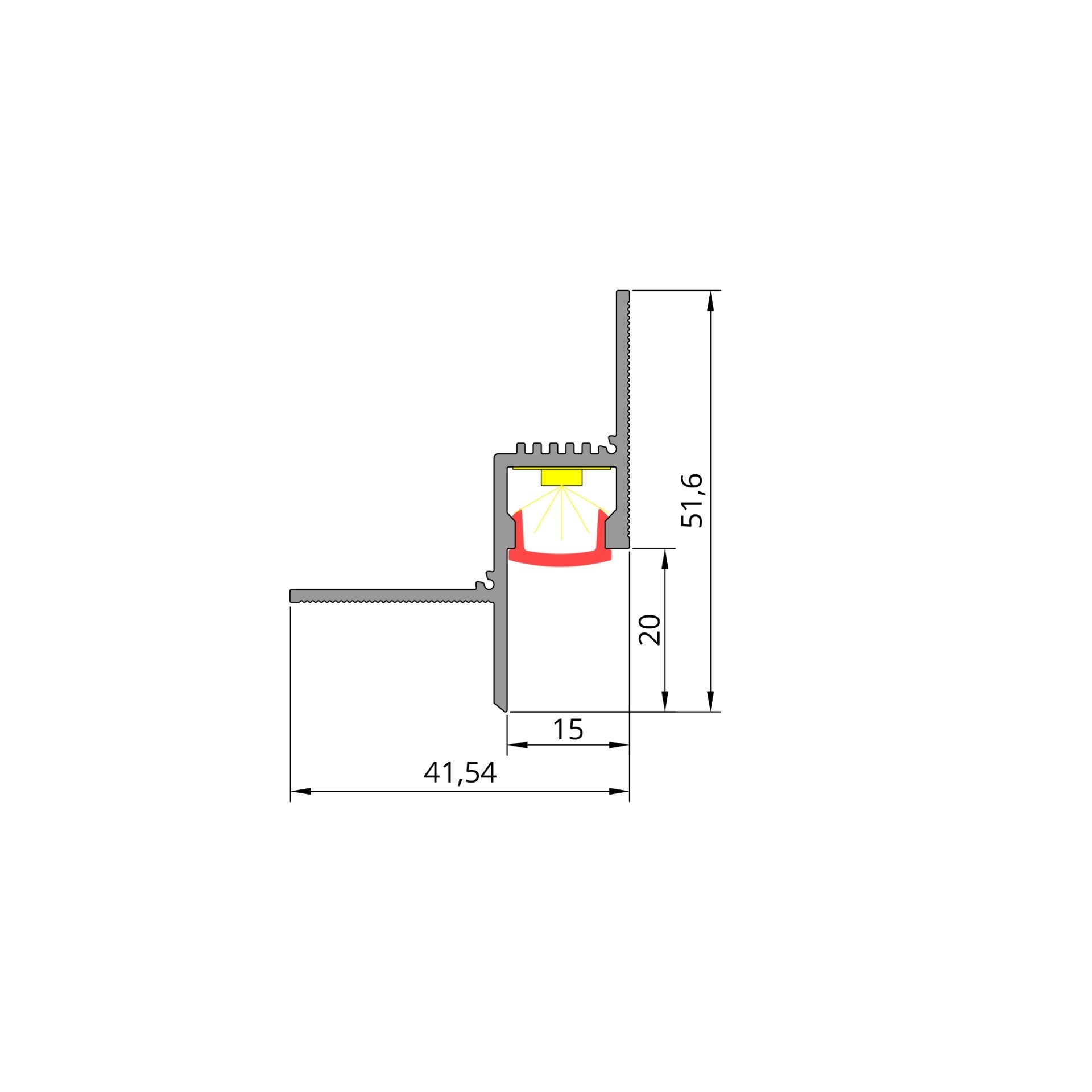 Schéma technique du profilé LED joint creux pour plafond de 13 mm, coupe murale et plafond