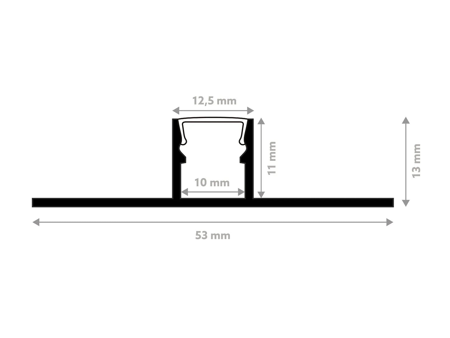 Schéma technique du profilé LED M4 noir aluminium 10 mm, dimensions 53 mm de largeur et 13 mm de hauteur.
