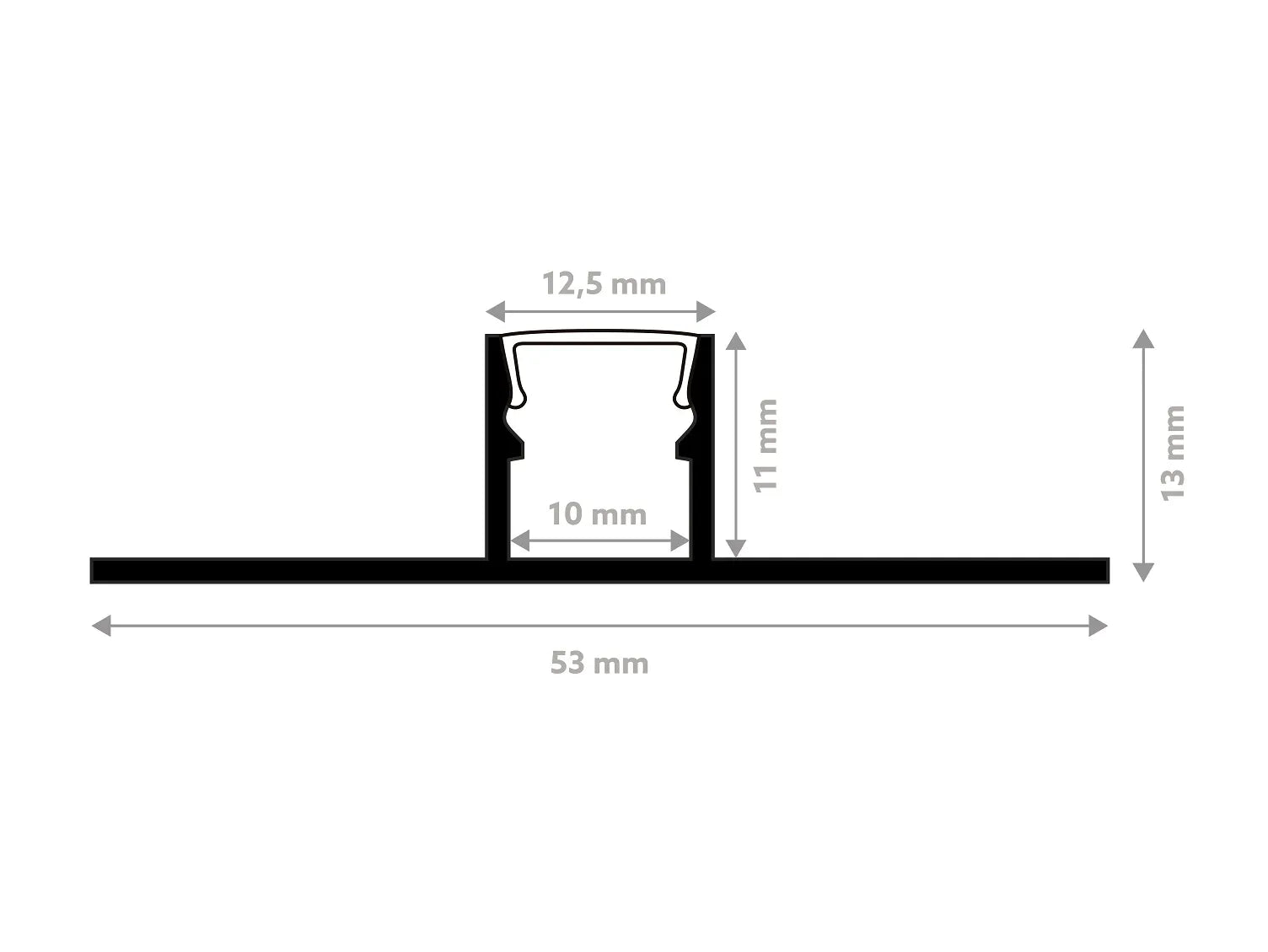 Schéma technique du profilé LED M4 noir aluminium 10 mm, dimensions 53 mm de largeur et 13 mm de hauteur.
