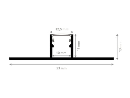 Schéma technique du profilé LED M4 noir aluminium 10 mm, dimensions 53 mm de largeur et 13 mm de hauteur.
