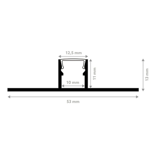 Schéma technique du profilé LED M4 noir aluminium 10 mm, dimensions 53 mm de largeur et 13 mm de hauteur.
