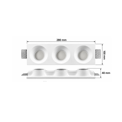 Spot invisible triple encastré en plâtre – 280 × 100 mm – 3 GU10
