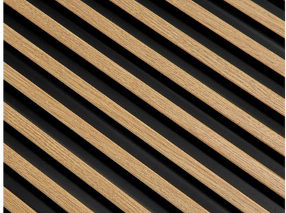 Texture en diagonale du panneau mural 3D Stretto - chêne naturel et fond noir moderne