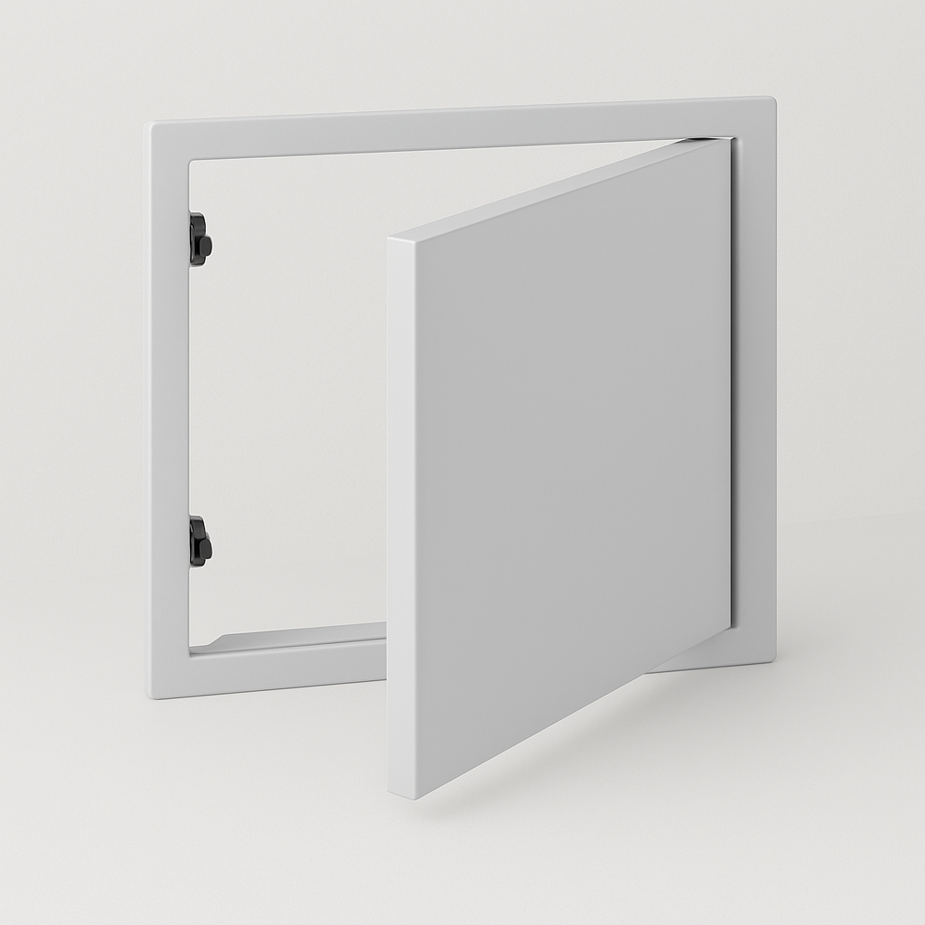 
	1	Trappe de visite aluminium blanche ouverte, idéale pour cloison et plafond, accès technique discret et pratique
