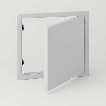 
	1	Trappe de visite aluminium blanche ouverte, idéale pour cloison et plafond, accès technique discret et pratique
