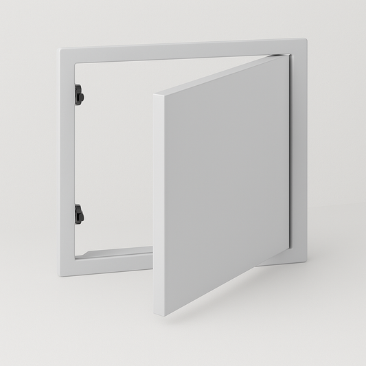 
	1	Trappe de visite aluminium blanche ouverte, idéale pour cloison et plafond, accès technique discret et pratique
