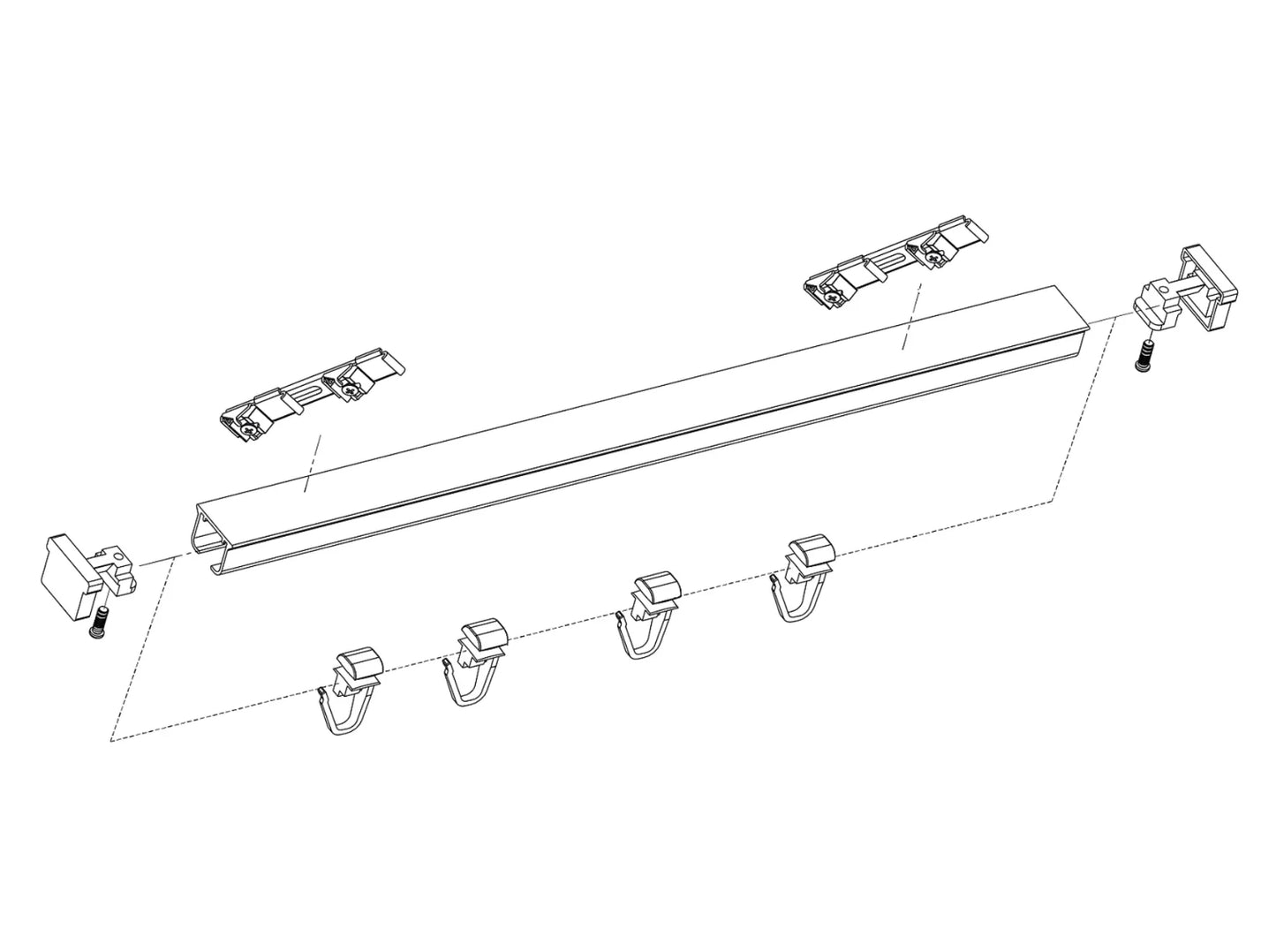 Vue éclatée du kit complet double rail à rideaux D200 200 cm incluant supports, embouts, crochets et visserie.