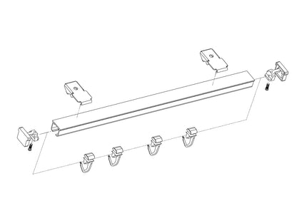 Vue éclatée du kit complet de rail à rideaux S100 100 cm avec supports, crochets et fixations.