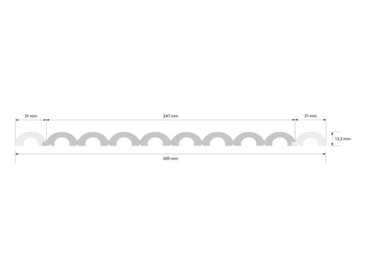 Schéma des dimensions après assemblage du panneau WP001T avec extrémités Duna, largeur totale 309 mm