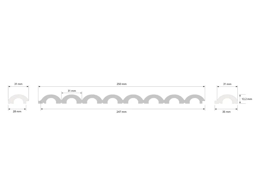 Dimensions de l’extrémité droite WP001R Duna : 270 × 3,1 × 1,32 cm
